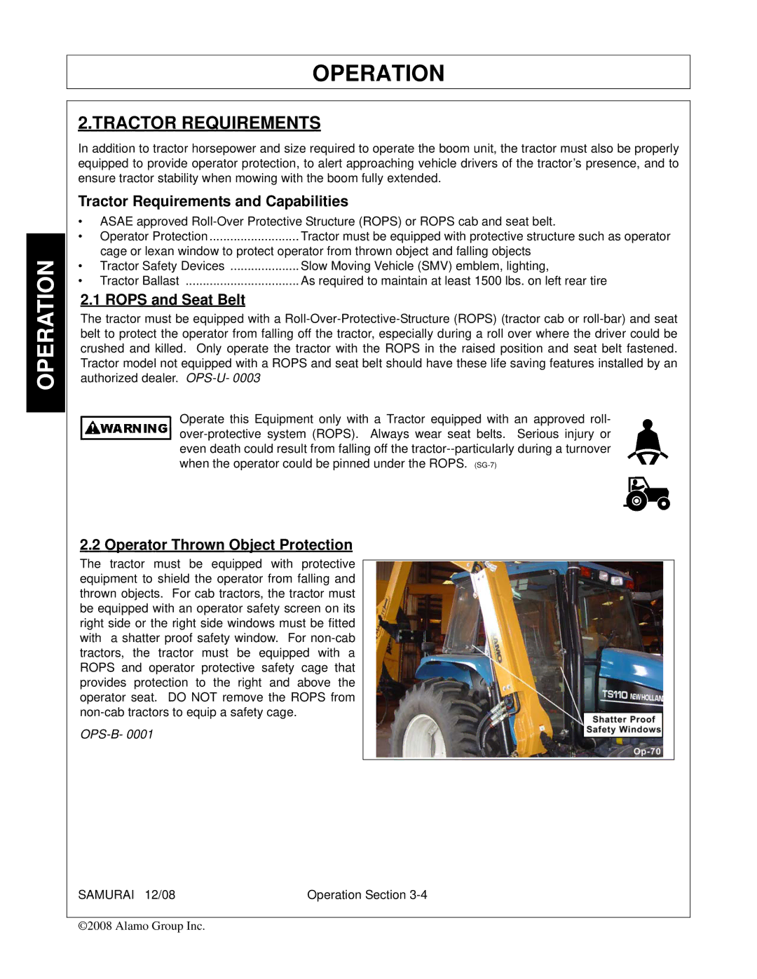 Alamo FC-0002 manual Tractor Requirements and Capabilities, Rops and Seat Belt, Operator Thrown Object Protection 