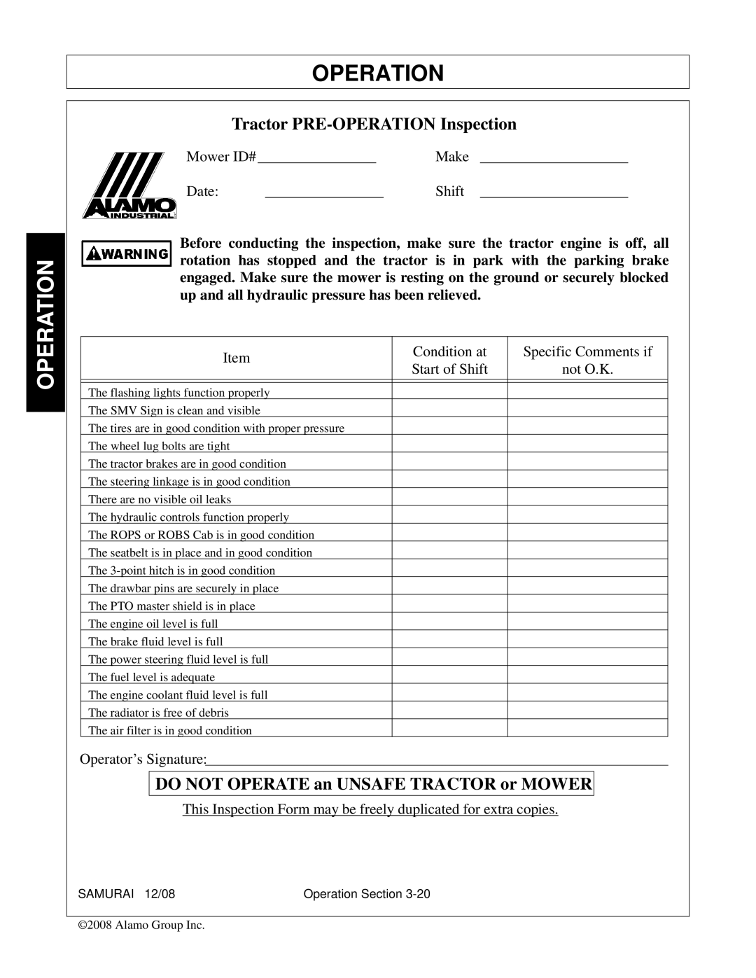 Alamo FC-0002 manual Tractor PRE-OPERATION Inspection 