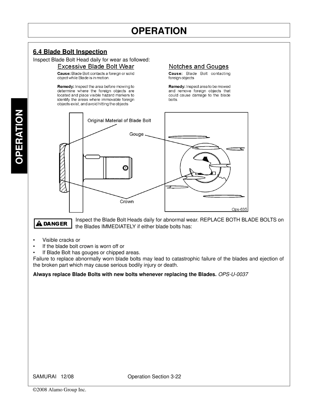 Alamo FC-0002 manual Blade Bolt Inspection 