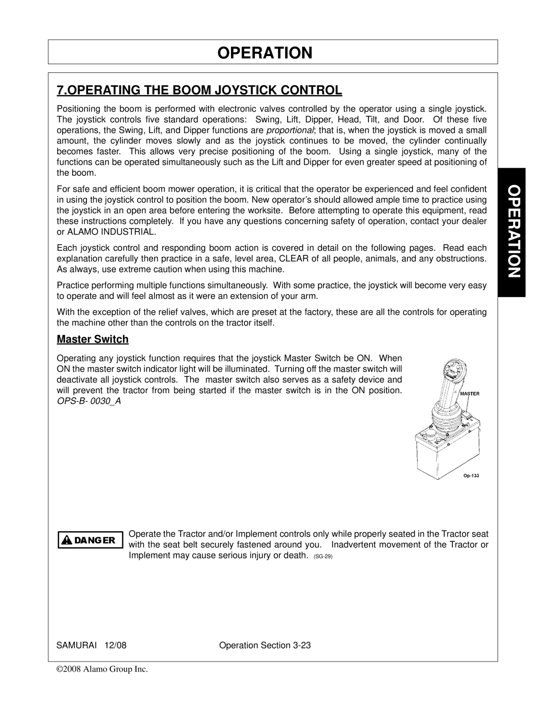 Alamo FC-0002 manual Operating the Boom Joystick Control, Master Switch 