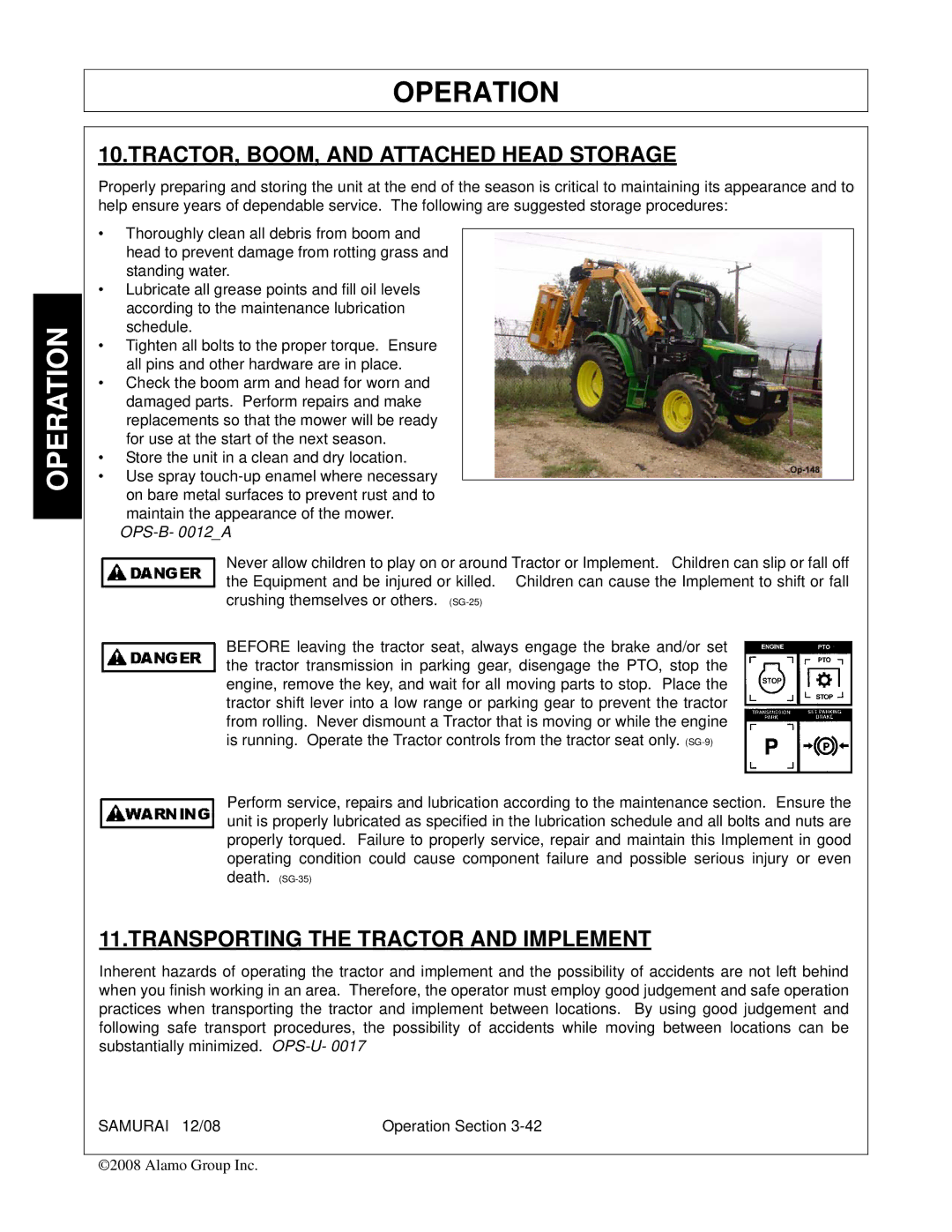 Alamo FC-0002 manual TRACTOR, BOOM, and Attached Head Storage, Transporting the Tractor and Implement 