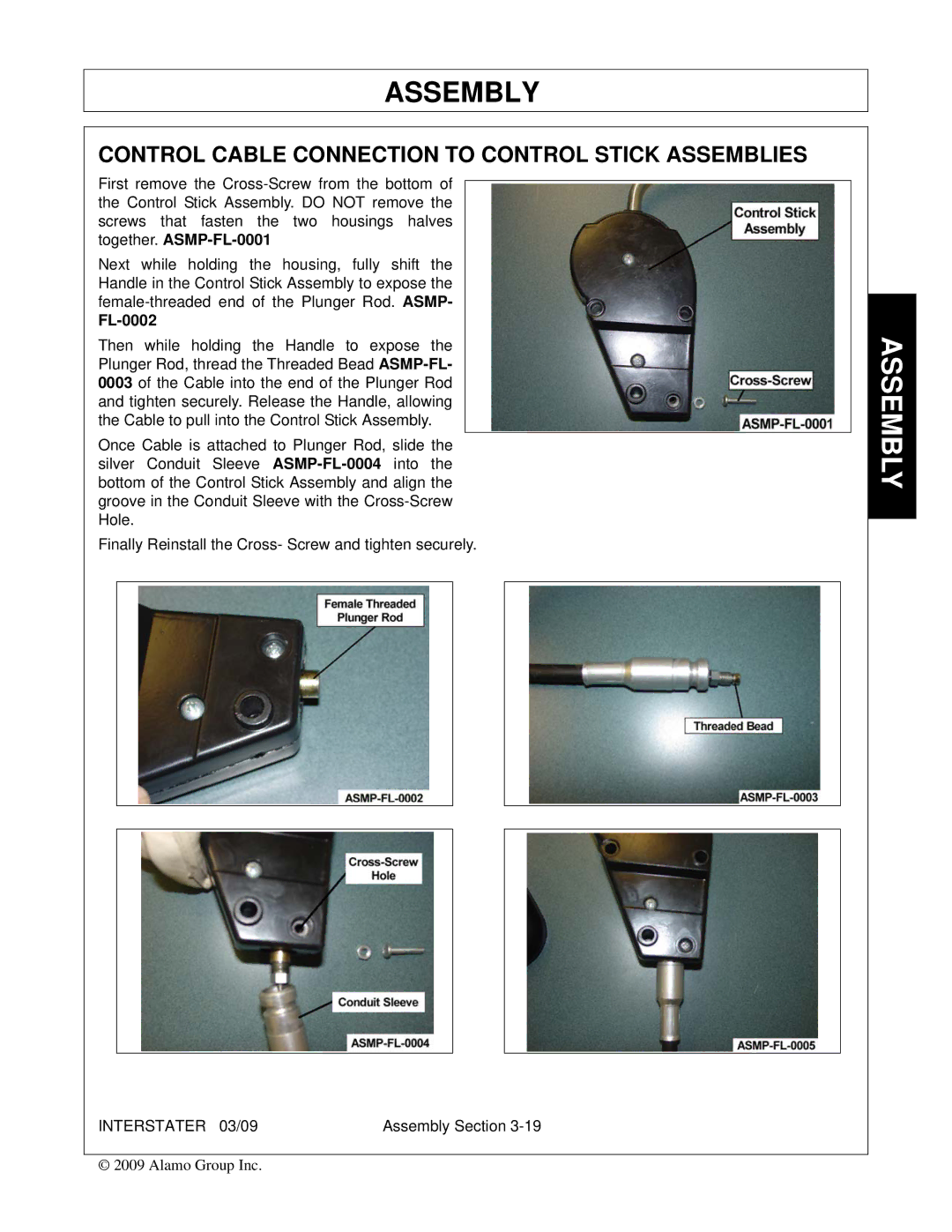 Alamo 803213C, FC-FL-0001 manual Control Cable Connection to Control Stick Assemblies, FL-0002 