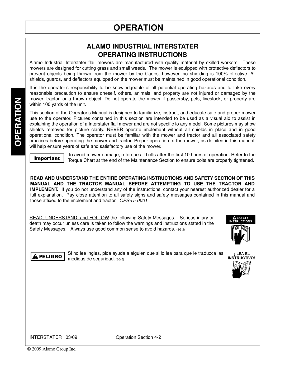 Alamo FC-FL-0001, 803213C manual Operation, Alamo Industrial Interstater Operating Instructions 