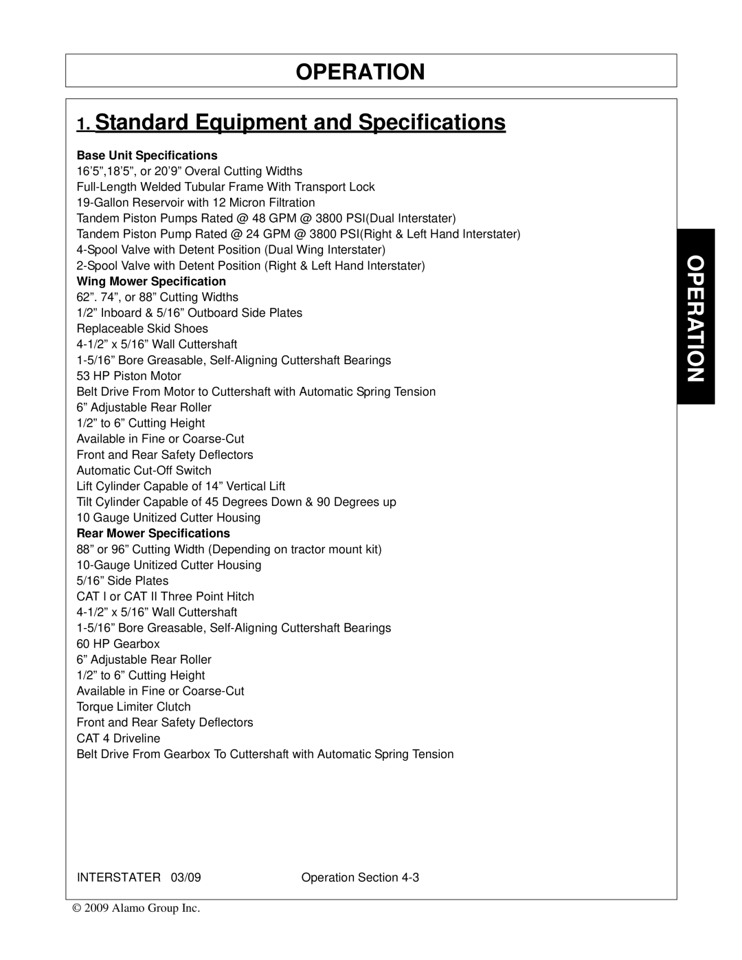 Alamo 803213C Base Unit Specifications, Wing Mower Specification 62 , or 88 Cutting Widths, Rear Mower Specifications 