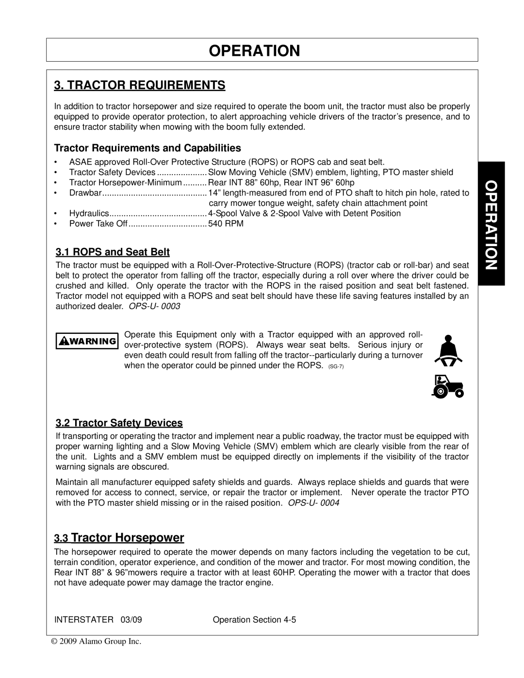 Alamo 803213C, FC-FL-0001 manual Tractor Requirements and Capabilities, Rops and Seat Belt, Tractor Safety Devices 