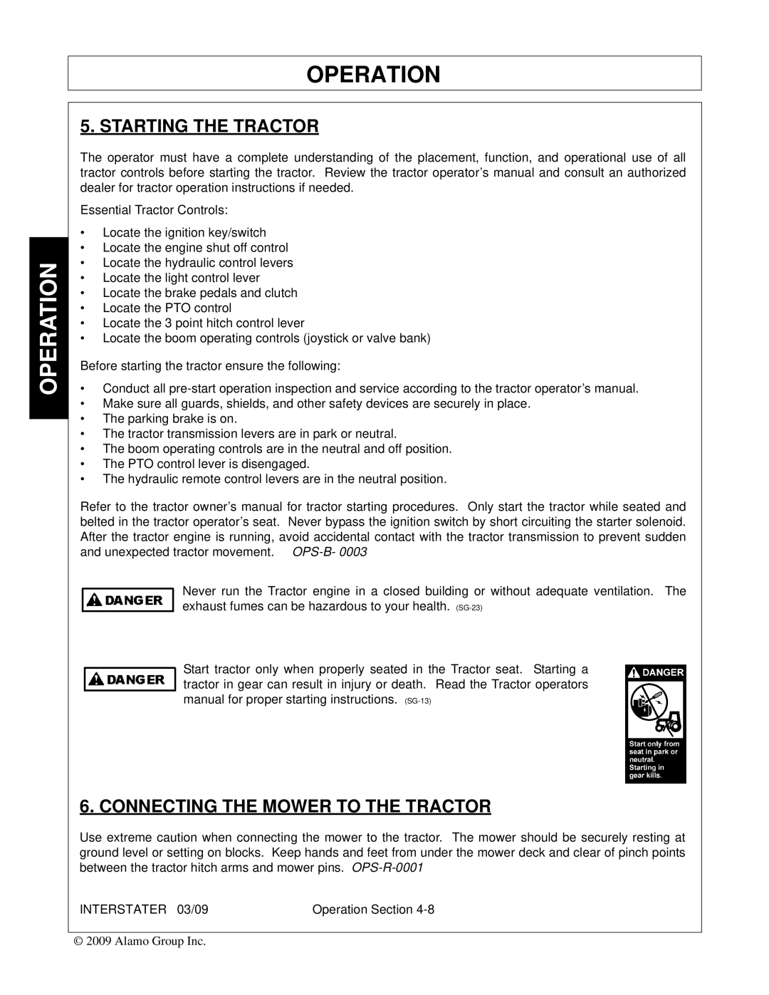 Alamo FC-FL-0001, 803213C manual Starting the Tractor, Connecting the Mower to the Tractor 