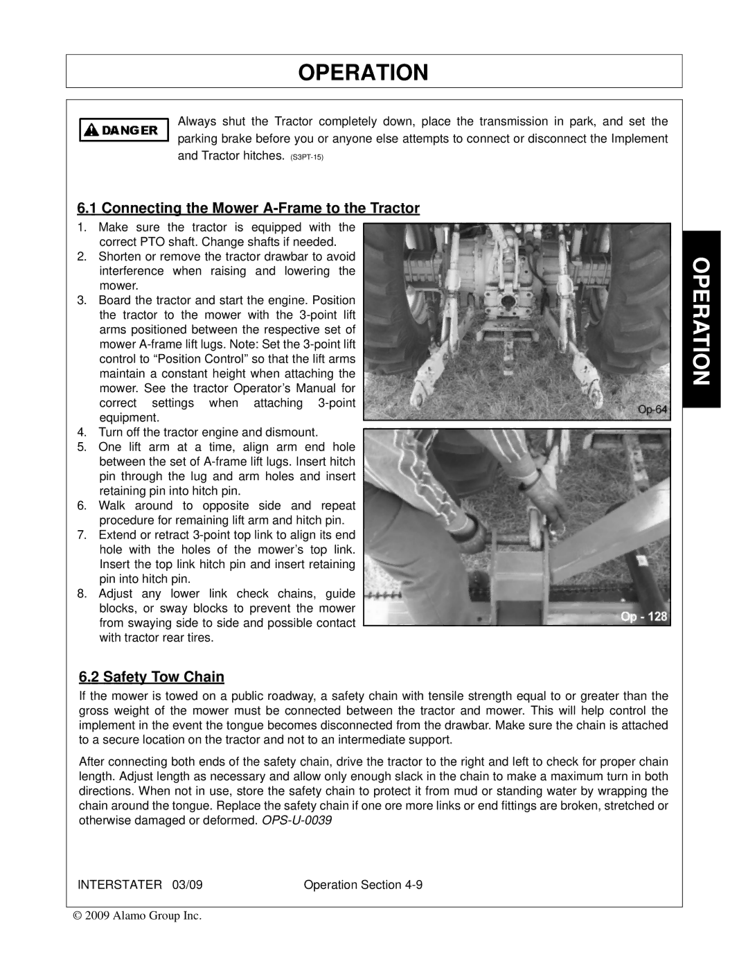 Alamo 803213C, FC-FL-0001 manual Connecting the Mower A-Frame to the Tractor, Safety Tow Chain 