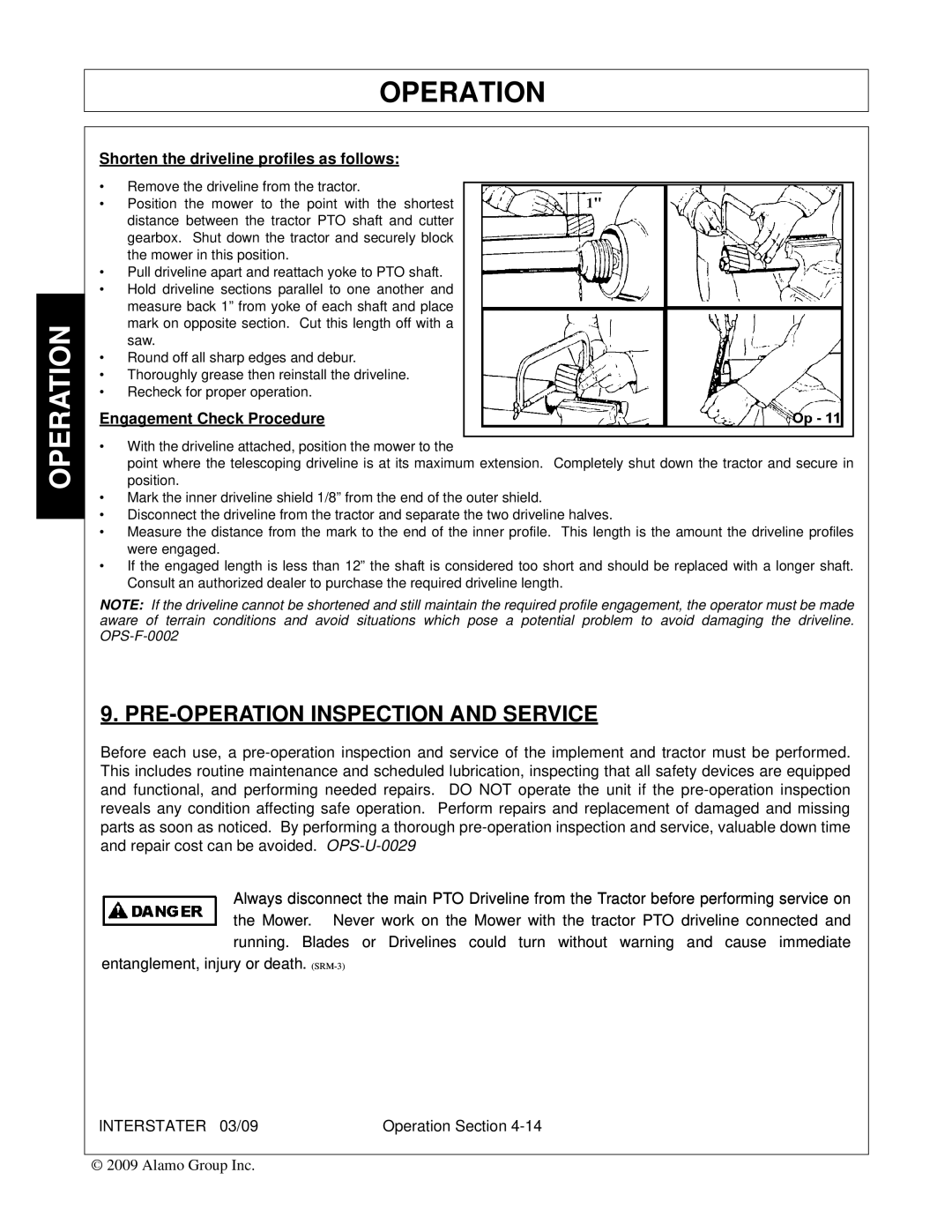 Alamo FC-FL-0001, 803213C manual PRE-OPERATION Inspection and Service, Shorten the driveline profiles as follows 