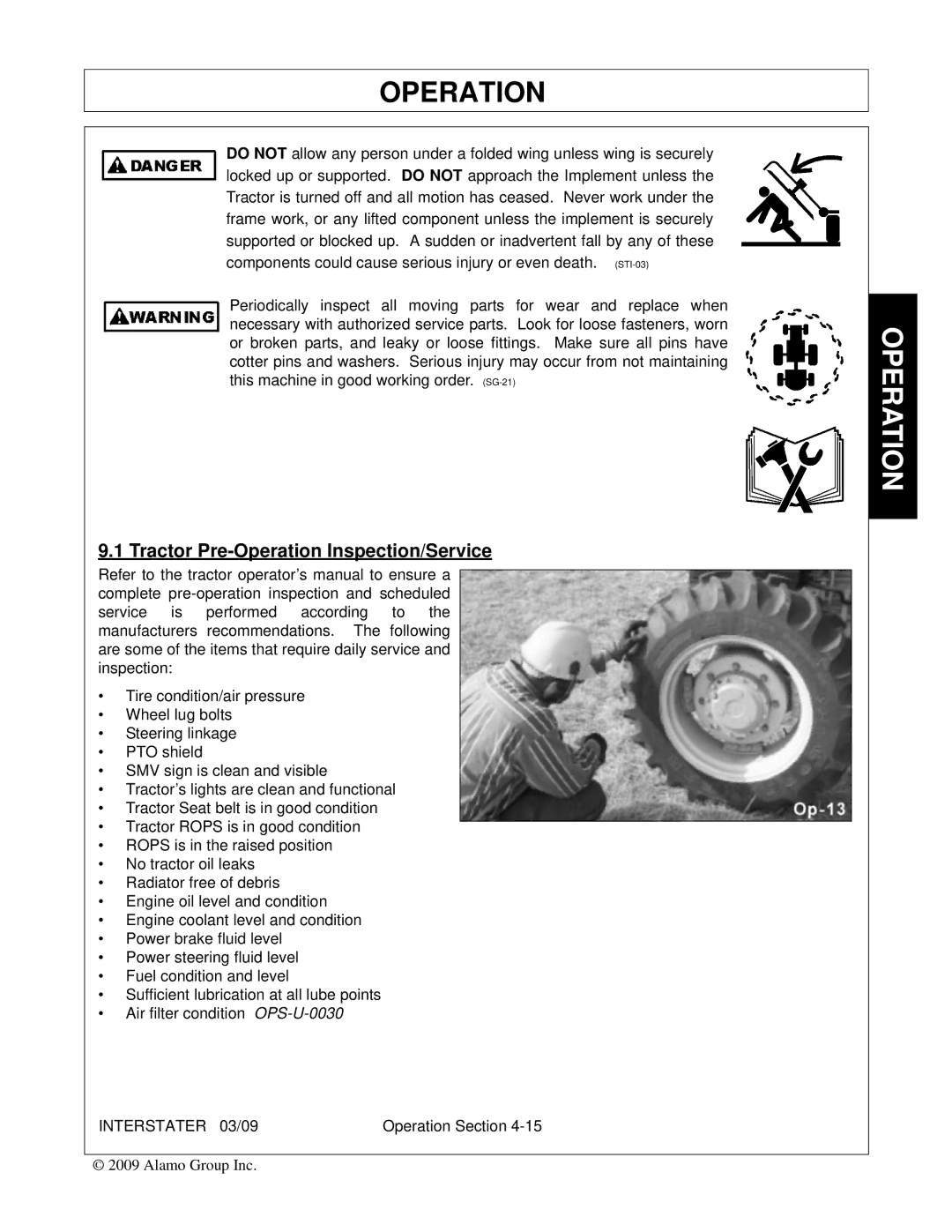 Alamo 803213C, FC-FL-0001 manual Tractor Pre-Operation Inspection/Service 