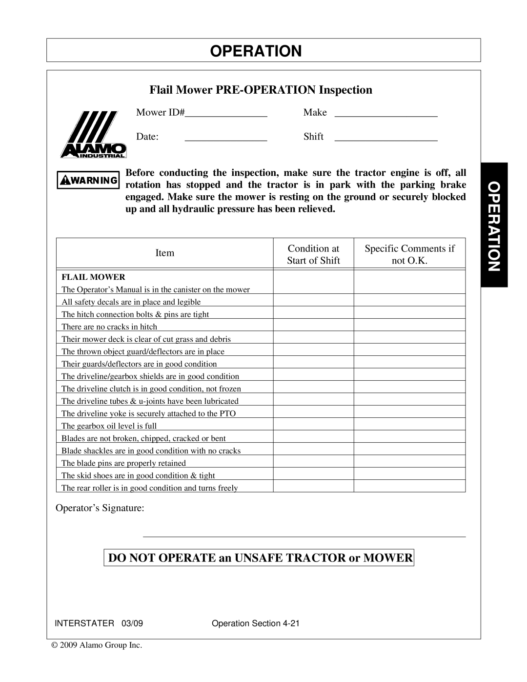 Alamo 803213C, FC-FL-0001 manual Do not Operate an Unsafe Tractor or Mower 