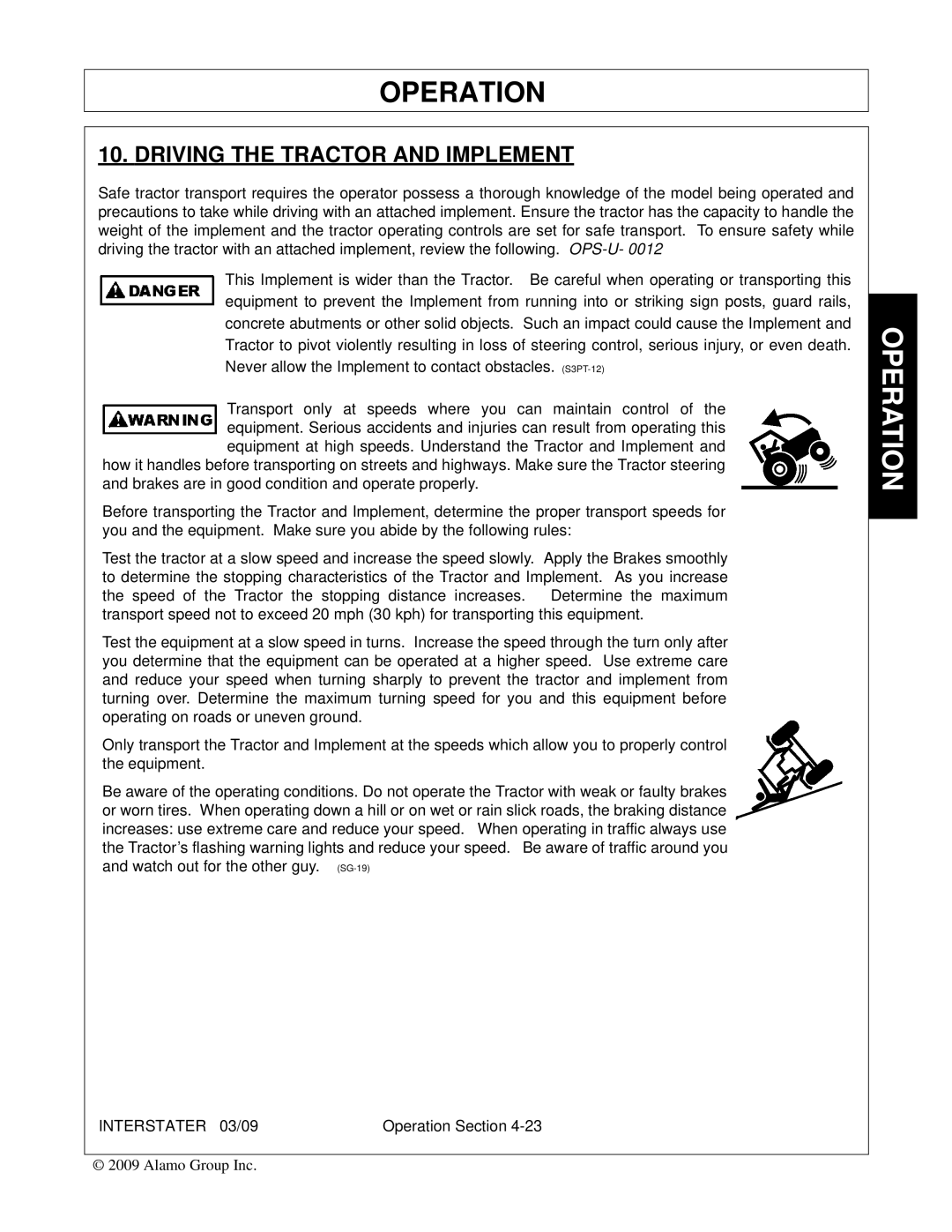 Alamo 803213C, FC-FL-0001 manual Driving the Tractor and Implement 