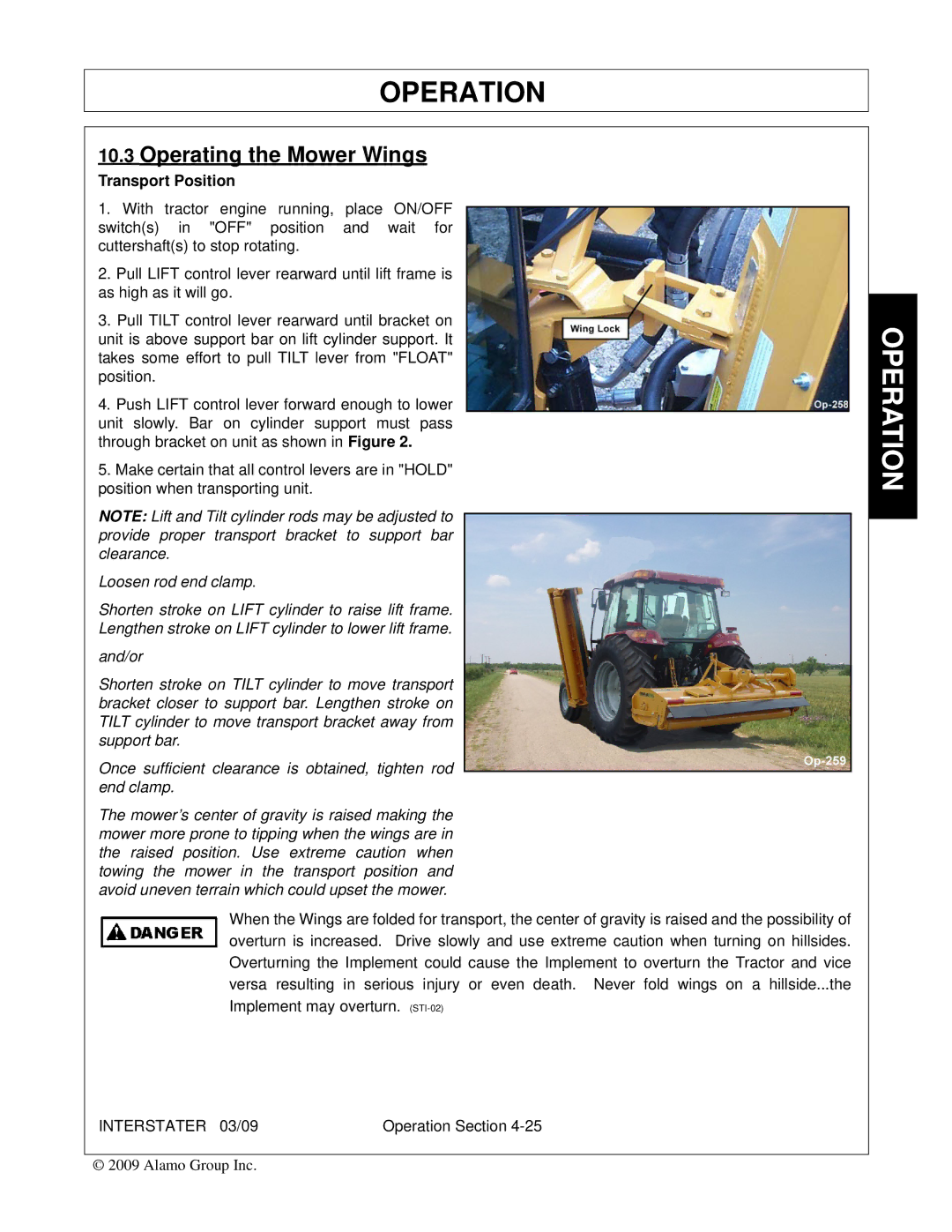 Alamo 803213C, FC-FL-0001 manual Operating the Mower Wings, Transport Position 