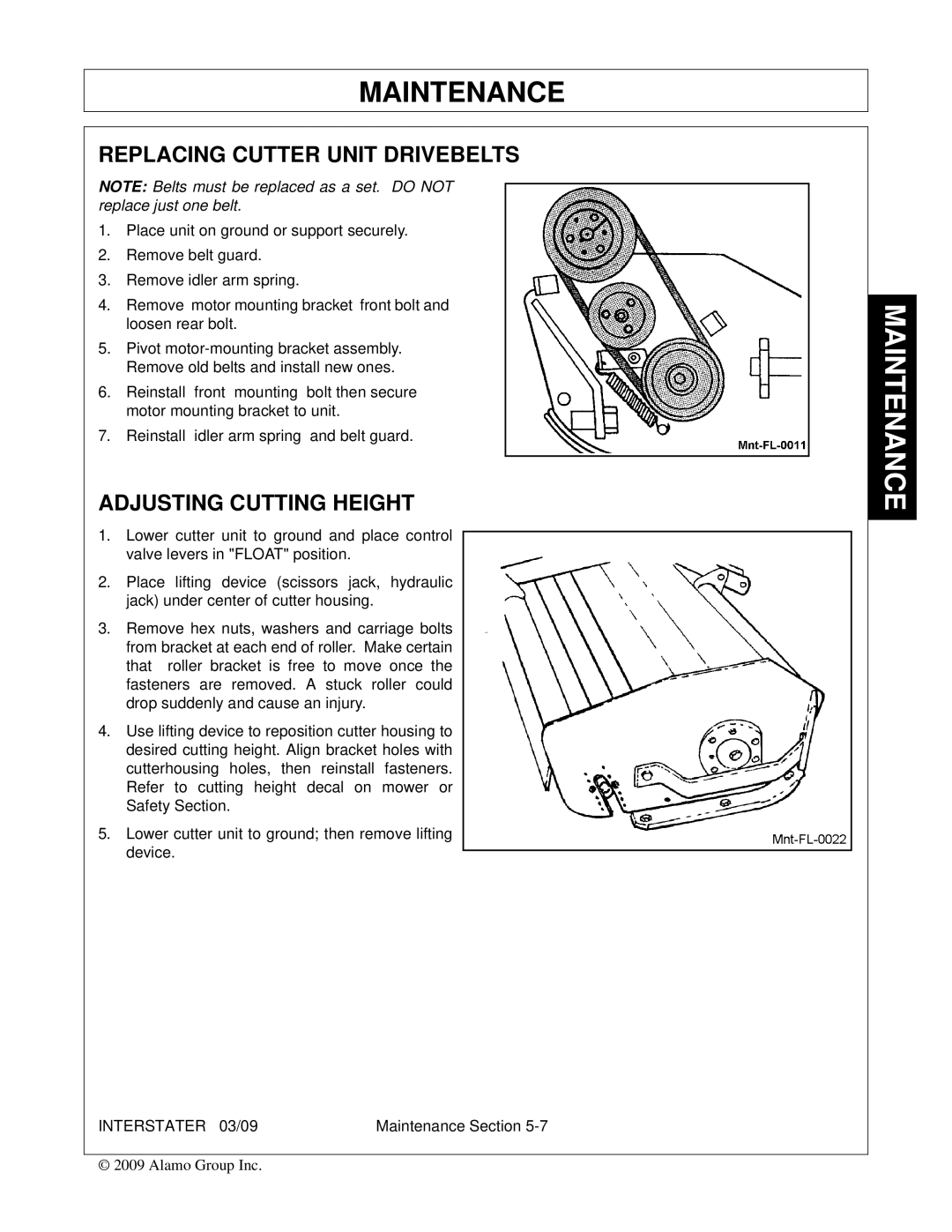 Alamo 803213C, FC-FL-0001 manual Replacing Cutter Unit Drivebelts, Adjusting Cutting Height 