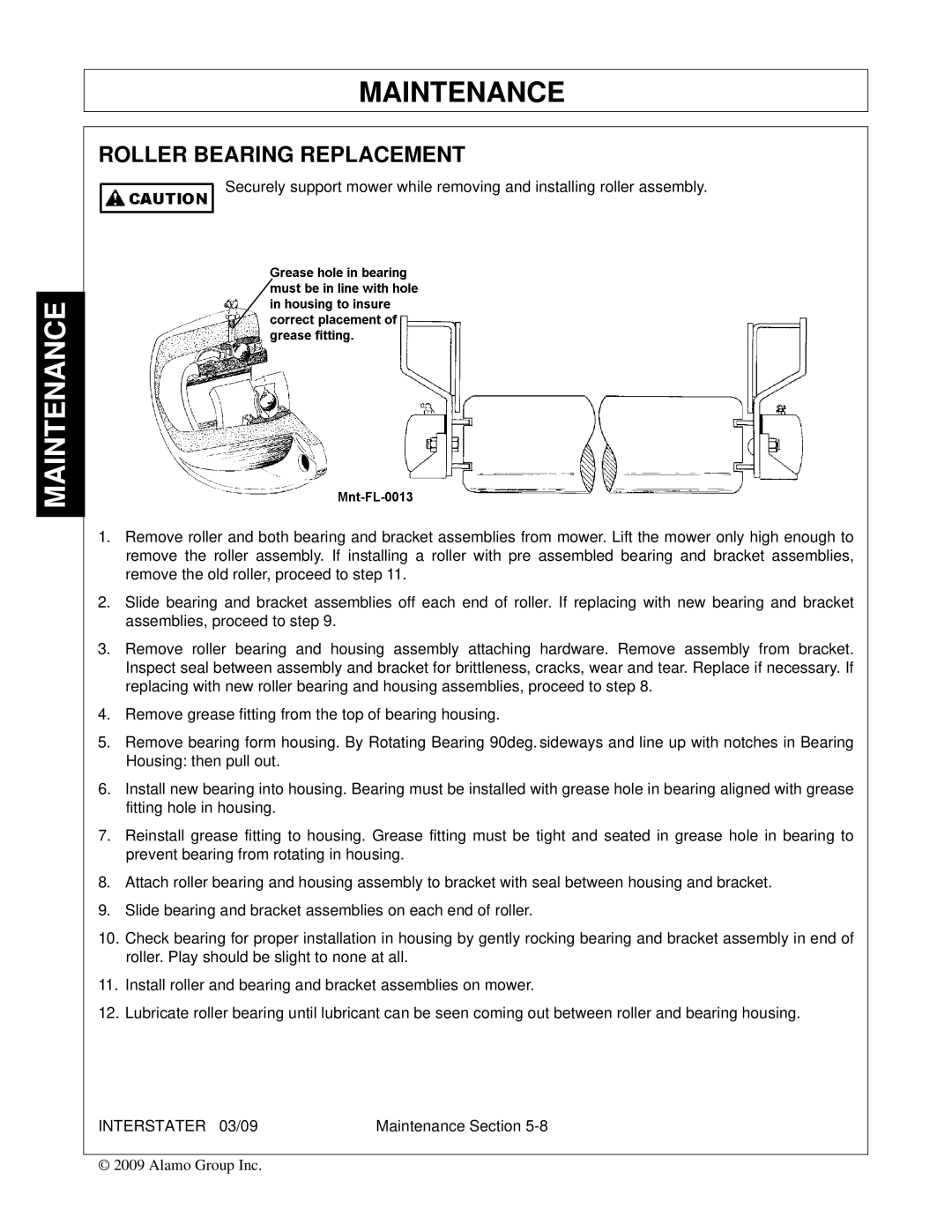 Alamo FC-FL-0001, 803213C manual Roller Bearing Replacement 