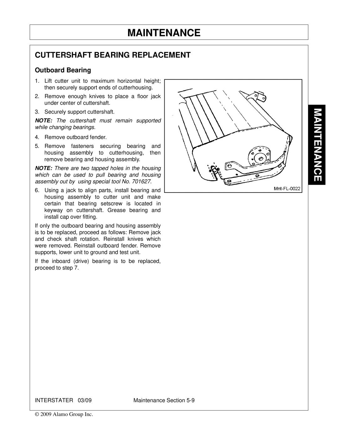 Alamo 803213C, FC-FL-0001 manual Cuttershaft Bearing Replacement, Outboard Bearing 