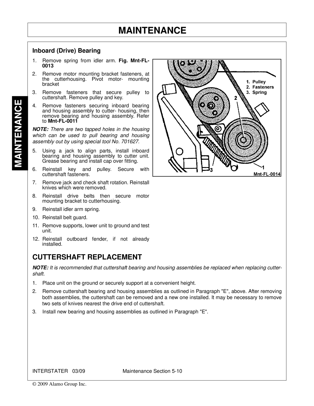 Alamo FC-FL-0001, 803213C manual Cuttershaft Replacement, Inboard Drive Bearing 