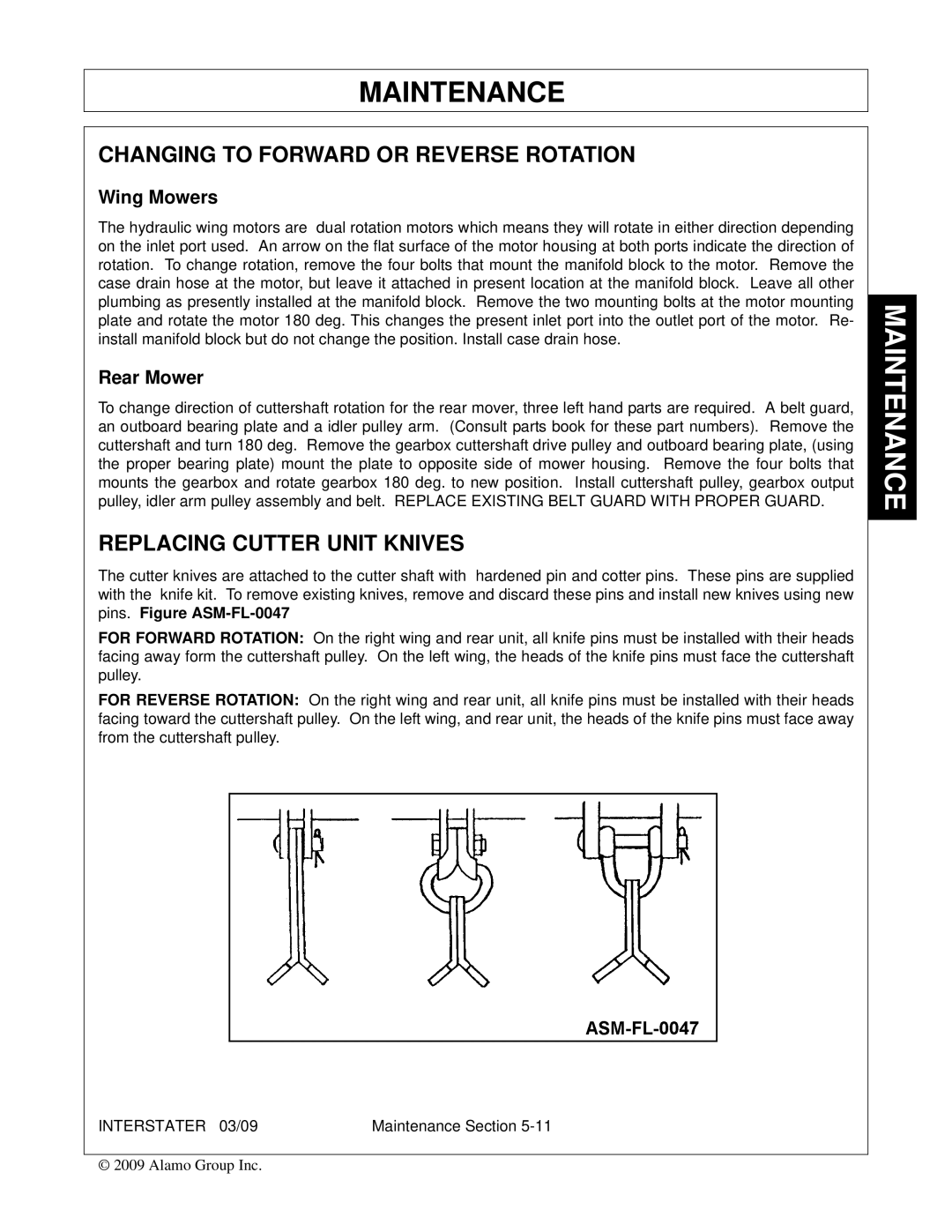 Alamo 803213C, FC-FL-0001 Changing to Forward or Reverse Rotation, Replacing Cutter Unit Knives, Wing Mowers, Rear Mower 