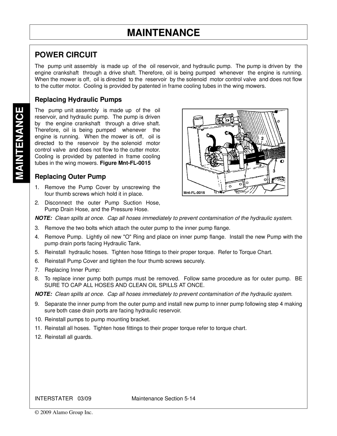 Alamo FC-FL-0001, 803213C manual Power Circuit, Replacing Hydraulic Pumps, Replacing Outer Pump 