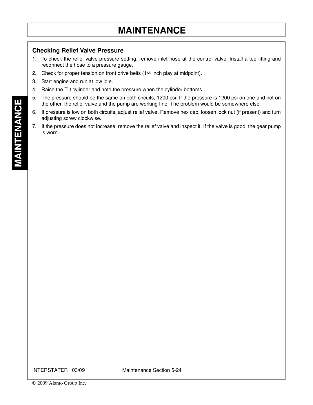 Alamo FC-FL-0001, 803213C manual Checking Relief Valve Pressure 