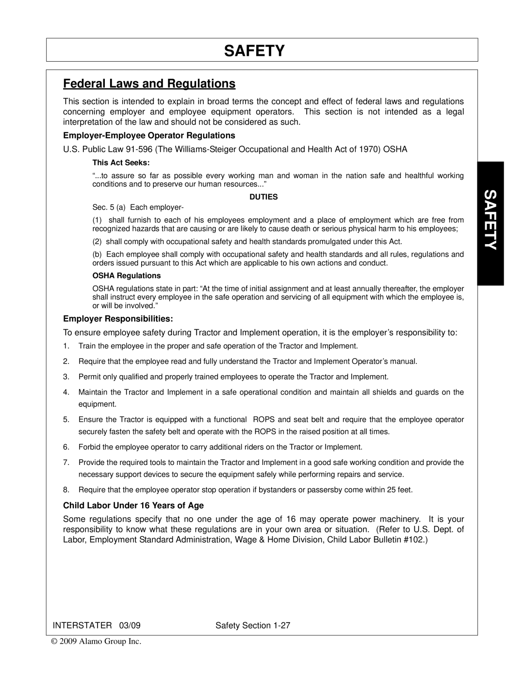 Alamo 803213C manual Employer-Employee Operator Regulations, Employer Responsibilities, Child Labor Under 16 Years of Age 