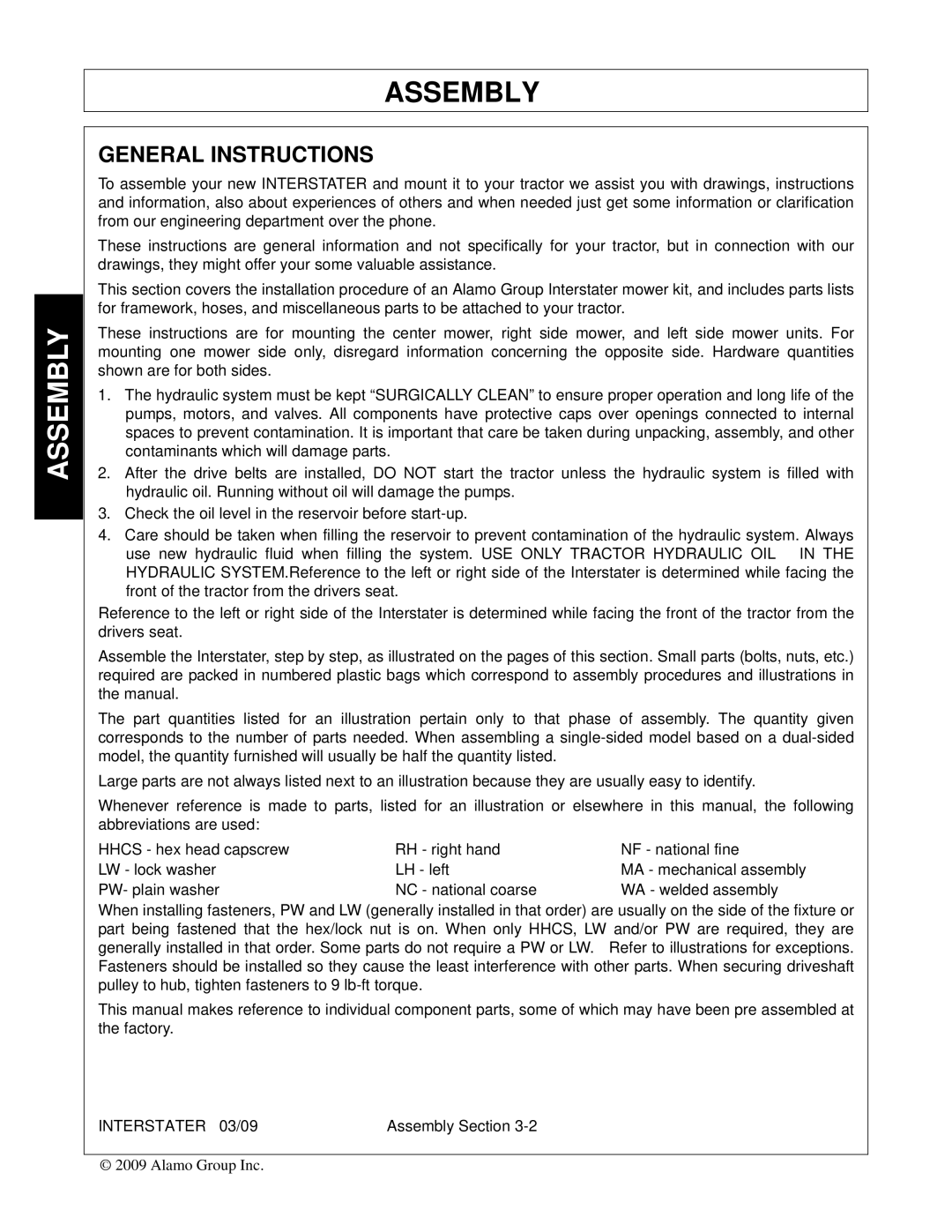 Alamo FC-FL-0001, 803213C manual Assembly, General Instructions 