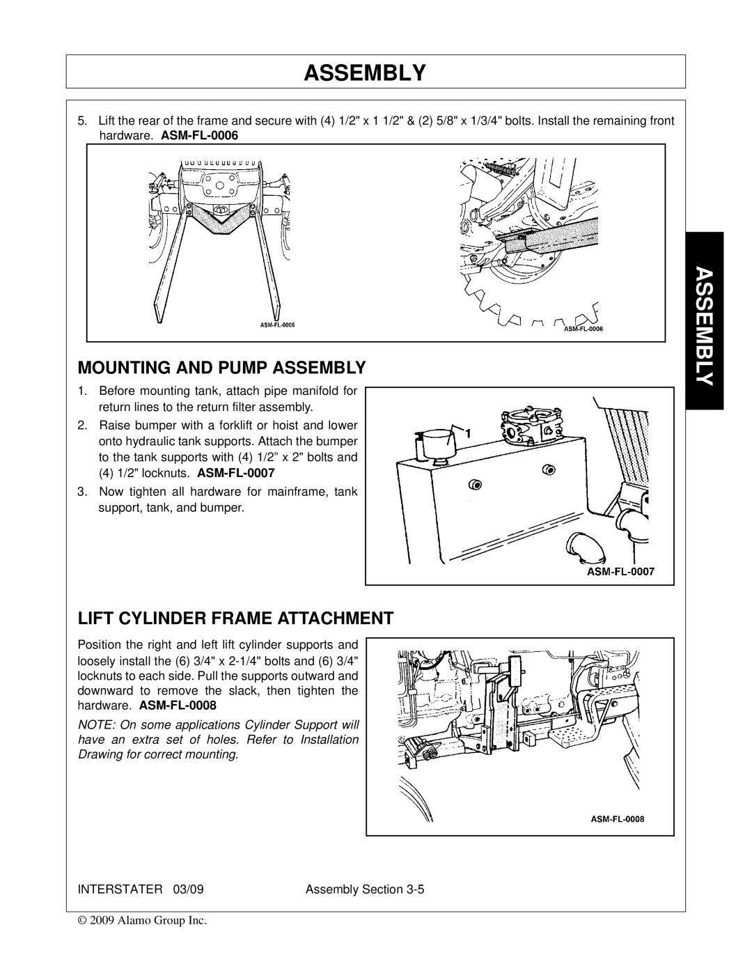 Alamo 803213C, FC-FL-0001 manual Mounting and Pump Assembly, Lift Cylinder Frame Attachment 