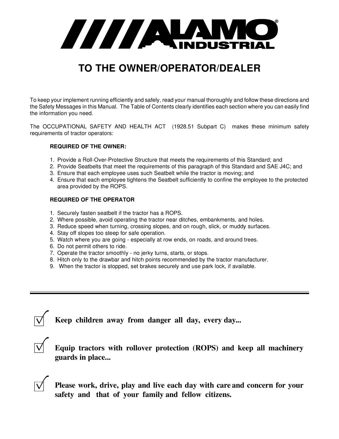 Alamo FC-P-0002 manual To the OWNER/OPERATOR/DEALER 