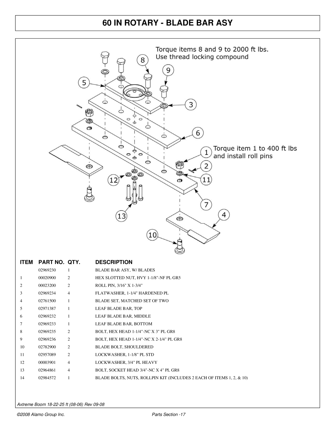 Alamo FC-P-0002 manual Rotary Blade BAR ASY 