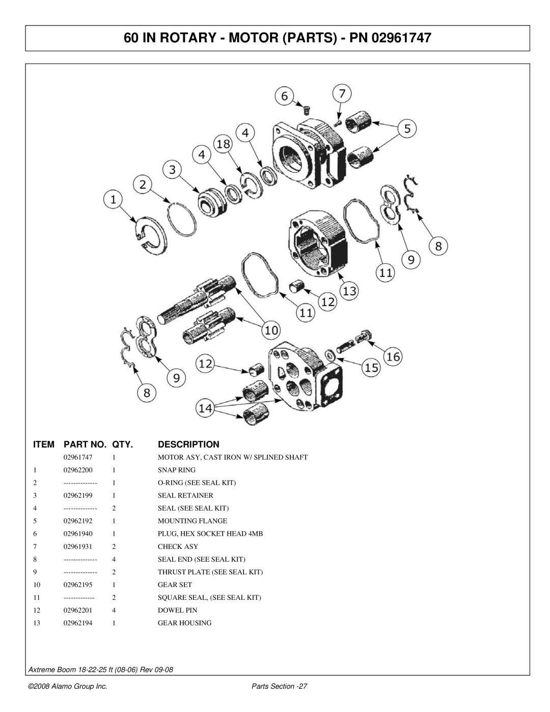 Alamo FC-P-0002 Snap Ring, Ring see Seal KIT, Seal Retainer, Seal see Seal KIT, Mounting Flange, PLUG, HEX Socket Head 4MB 