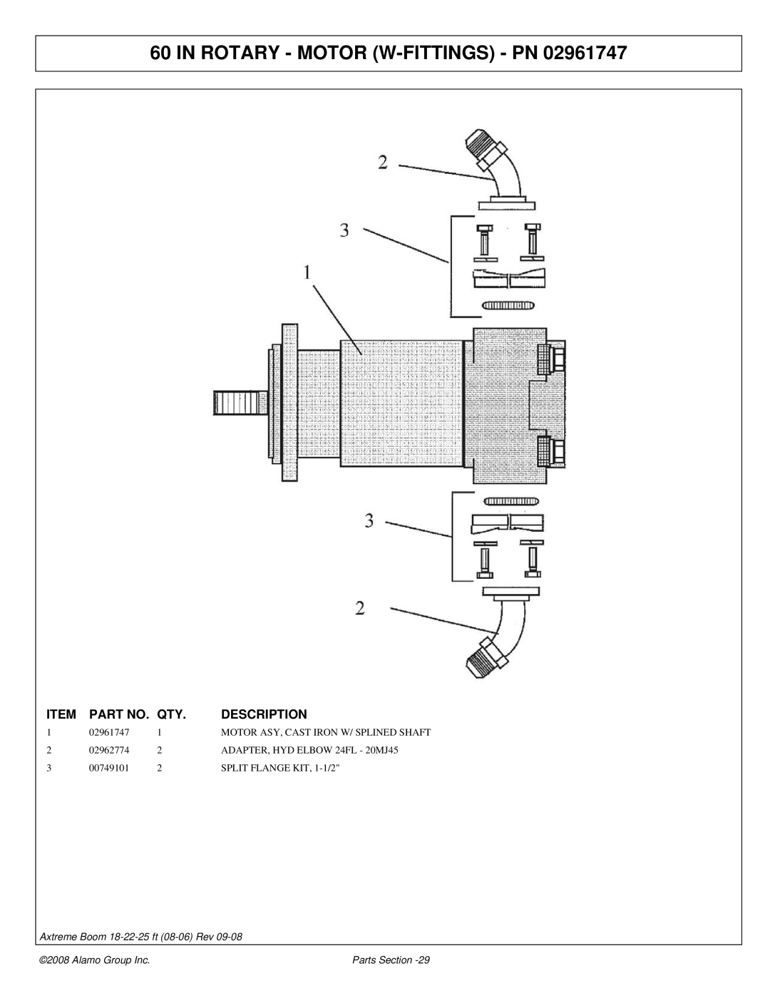 Alamo FC-P-0002 manual Rotary Motor W-FITTINGS PN, ADAPTER, HYD Elbow 24FL 20MJ45 