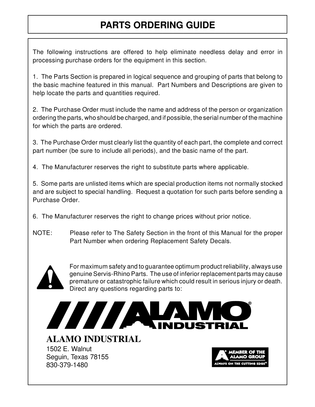 Alamo FC-P-0002 manual Parts Ordering Guide 