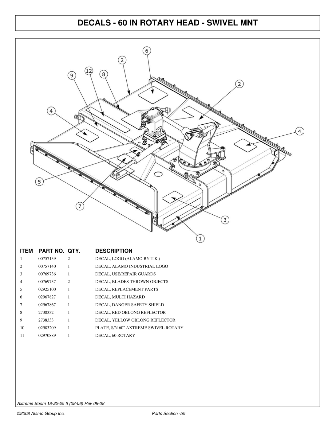Alamo FC-P-0002 manual Decals 60 in Rotary Head Swivel MNT, DECAL, Yellow Oblong Reflector 
