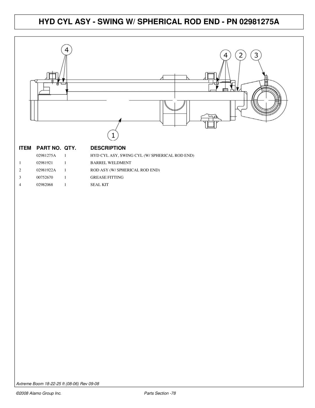 Alamo FC-P-0002 manual HYD CYL ASY Swing W/ Spherical ROD END PN 02981275A, Barrel Weldment, ROD ASY W/ Spherical ROD END 