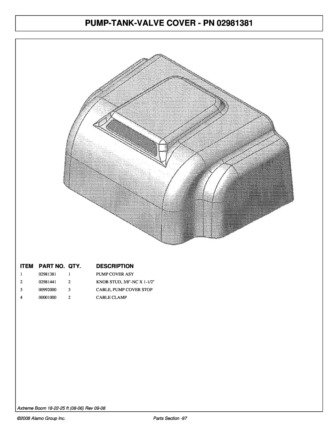 Alamo FC-P-0002 manual Pump-Tank-Valve Cover - Pn, Description, Axtreme Boom 18-22-25 ft 08-06 Rev, Alamo Group Inc 