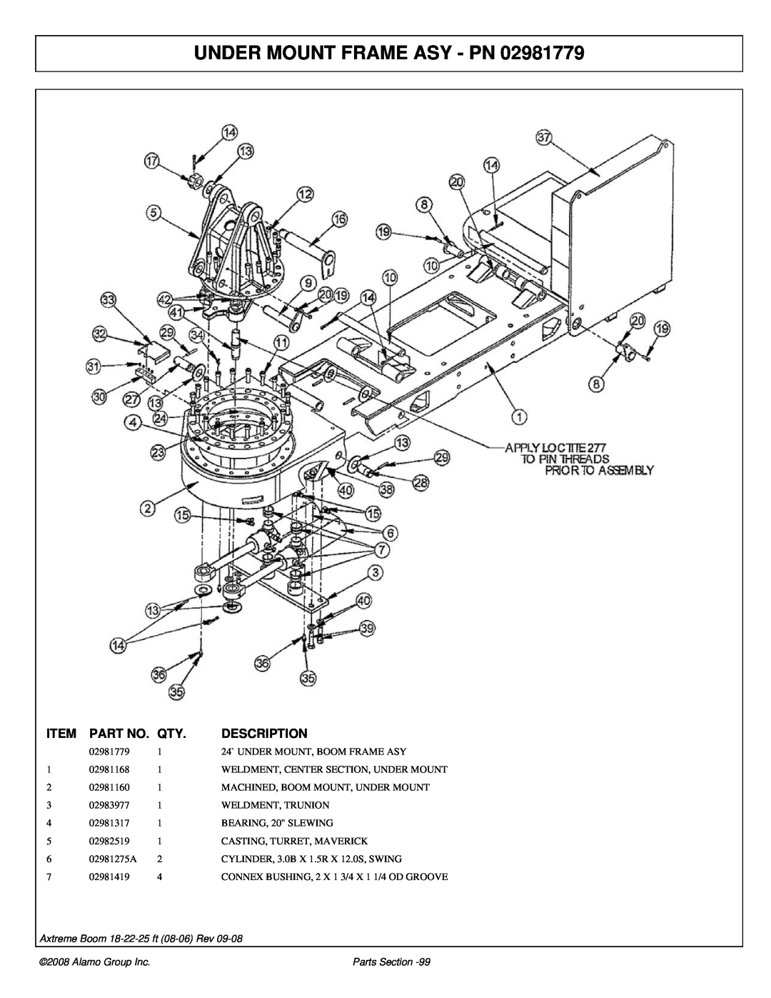 Alamo FC-P-0002 manual Under Mount Frame Asy - Pn, Description, Axtreme Boom 18-22-25 ft 08-06 Rev, Alamo Group Inc 