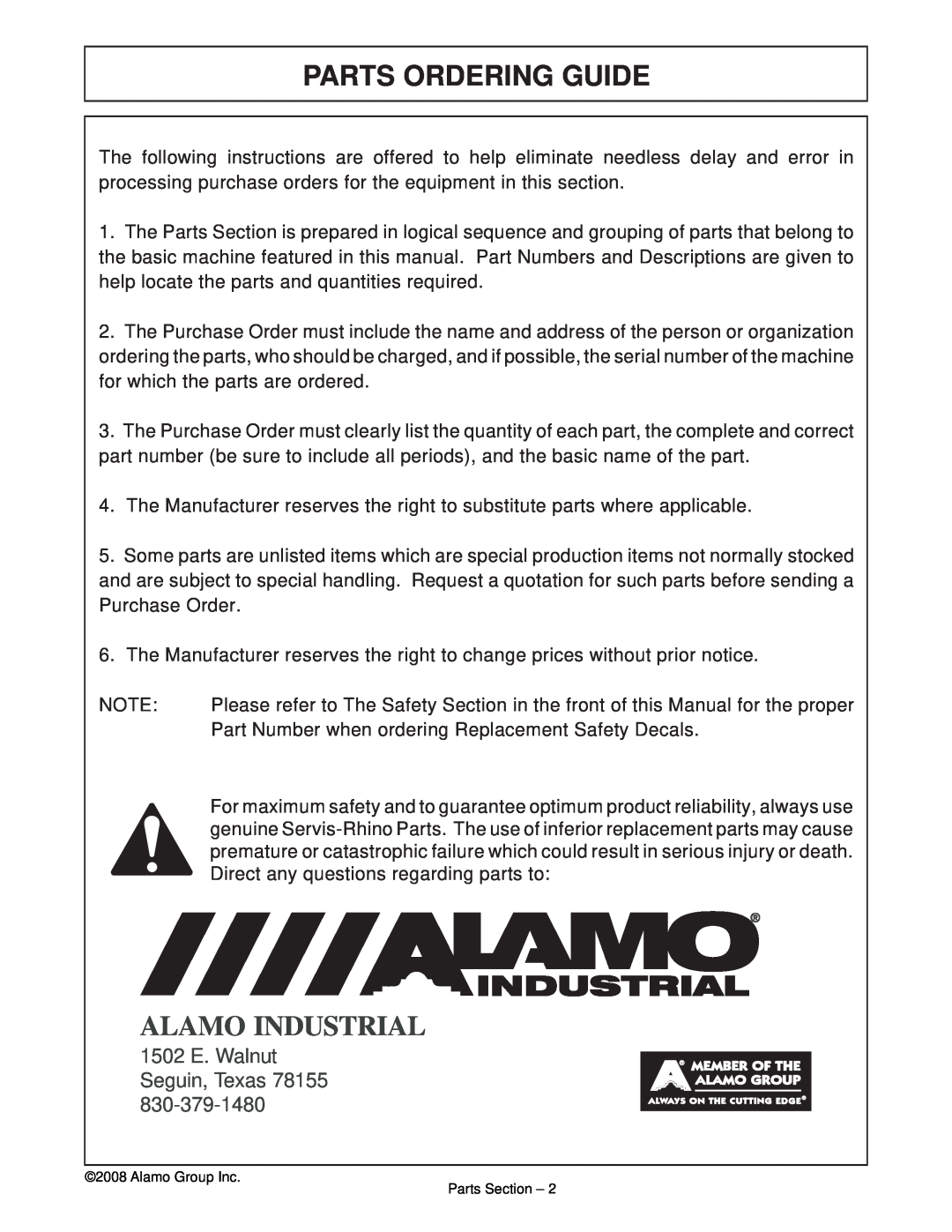 Alamo FC-P-0002 manual Parts Ordering Guide, Alamo Industrial, 1502 E. Walnut Seguin, Texas 78155 