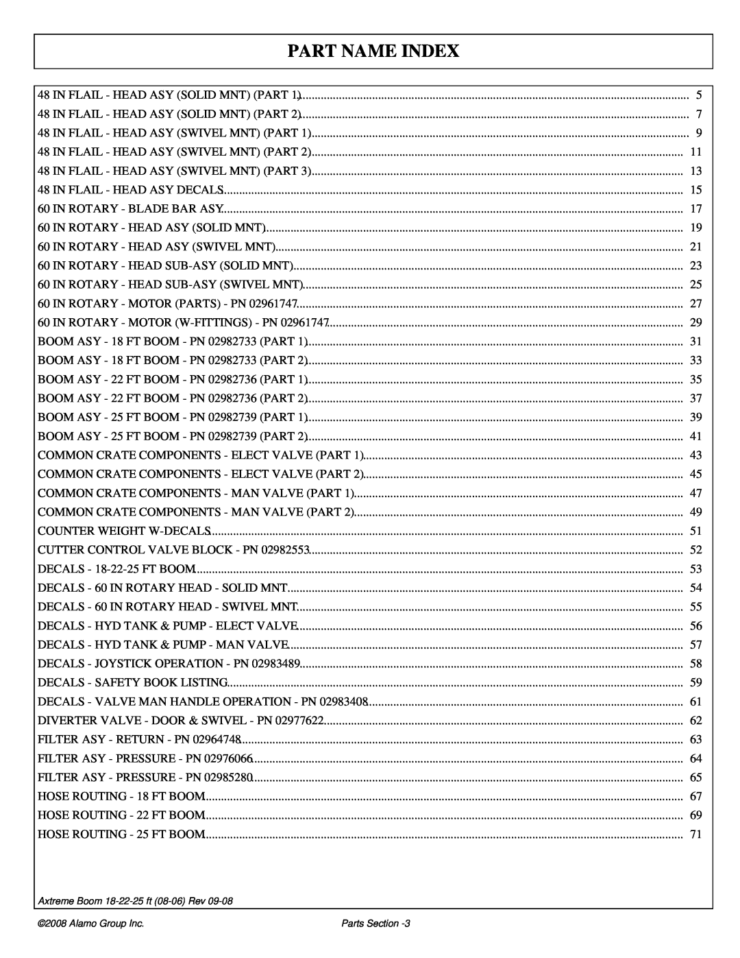 Alamo FC-P-0002 manual Part Name Index, Axtreme Boom 18-22-25 ft 08-06 Rev, Alamo Group Inc 
