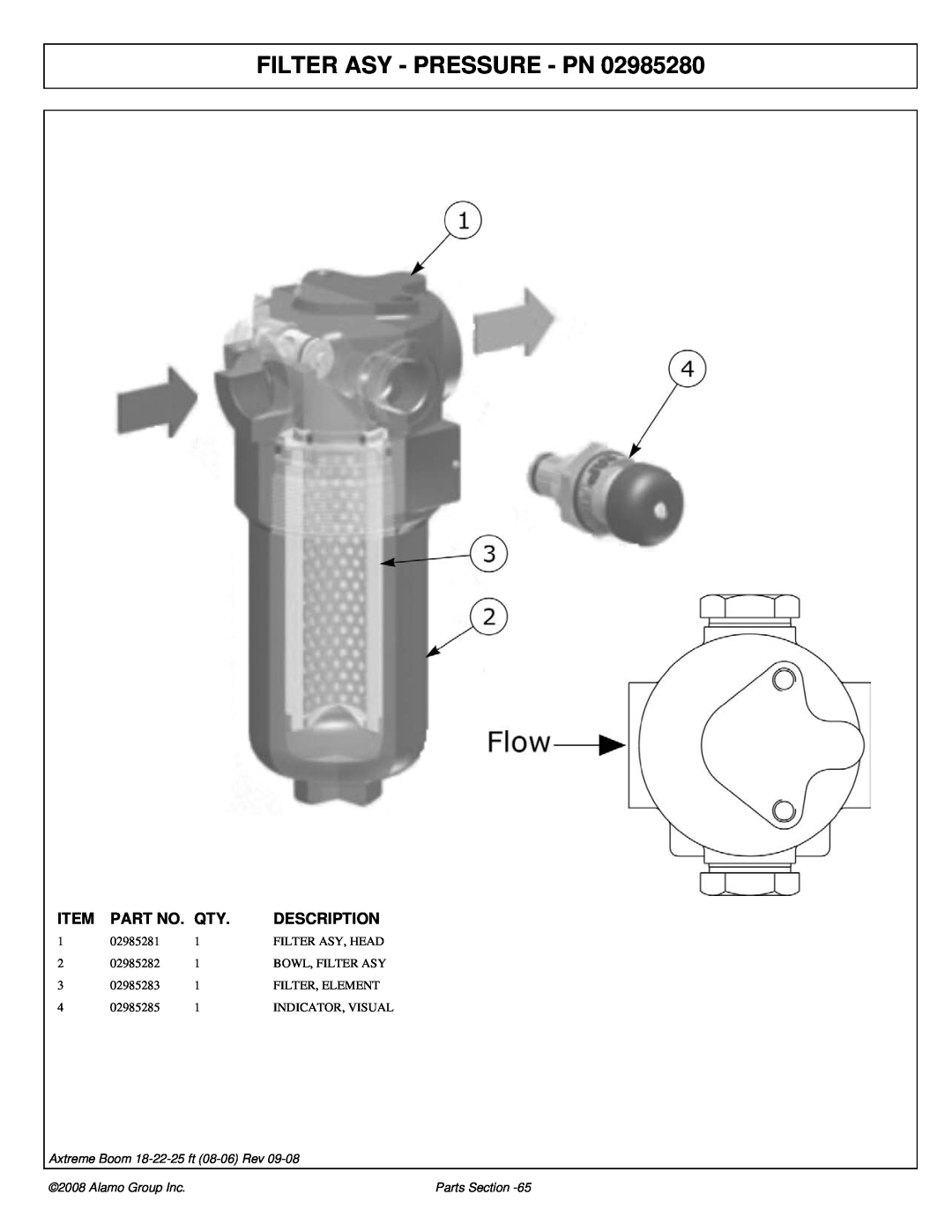 Alamo FC-P-0002 manual Filter Asy - Pressure - Pn, Description, Axtreme Boom 18-22-25 ft 08-06 Rev, Alamo Group Inc 