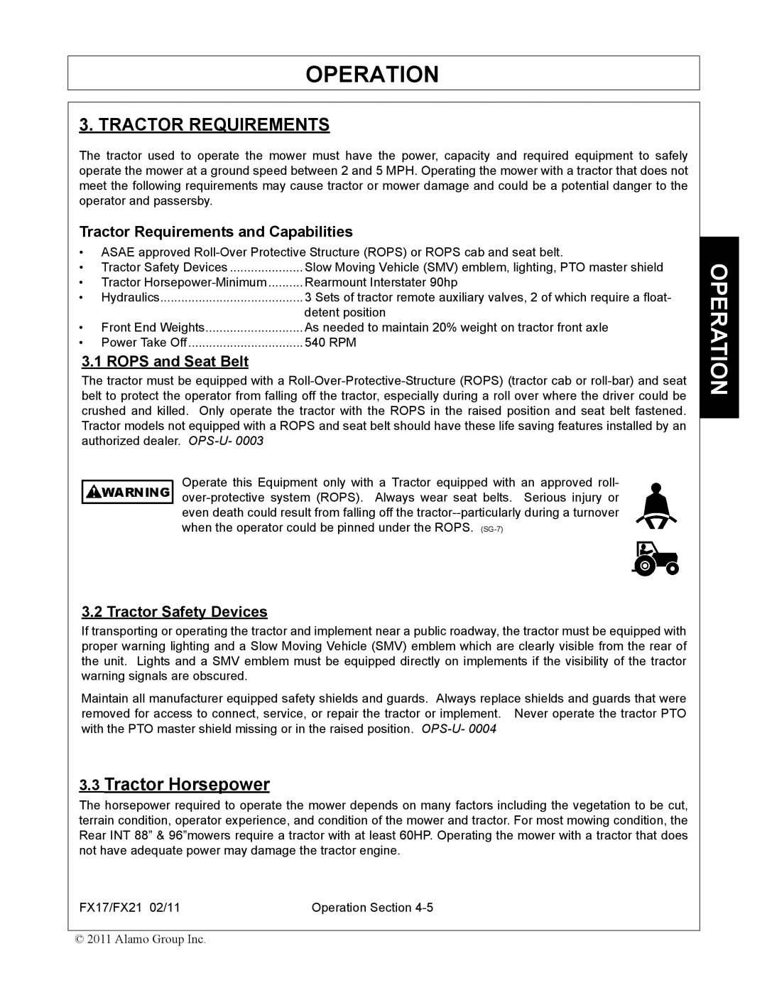 Alamo FX21, FX17 manual Tractor Requirements and Capabilities, Rops and Seat Belt, Tractor Safety Devices 