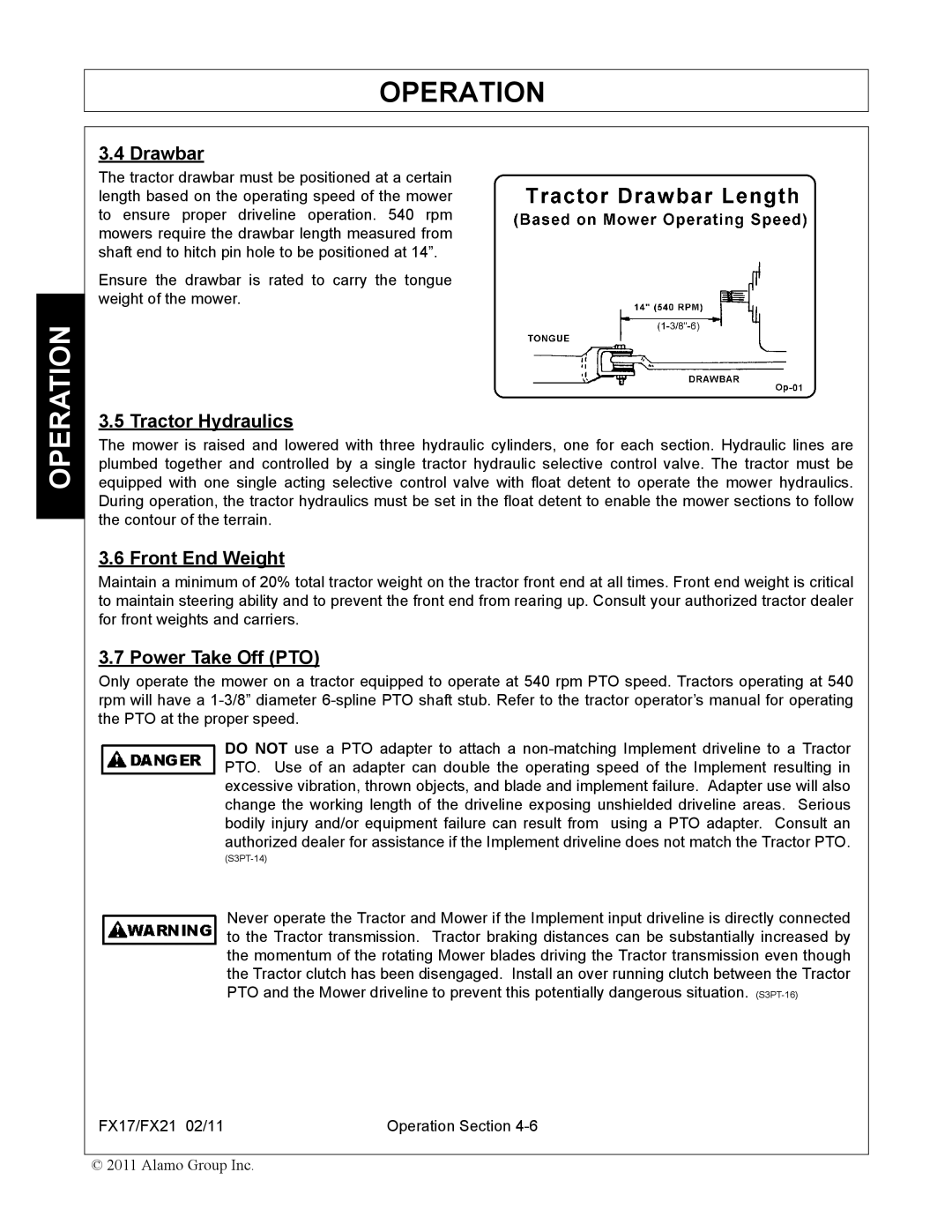 Alamo FX17, FX21 manual Drawbar, Tractor Hydraulics, Front End Weight, Power Take Off PTO 