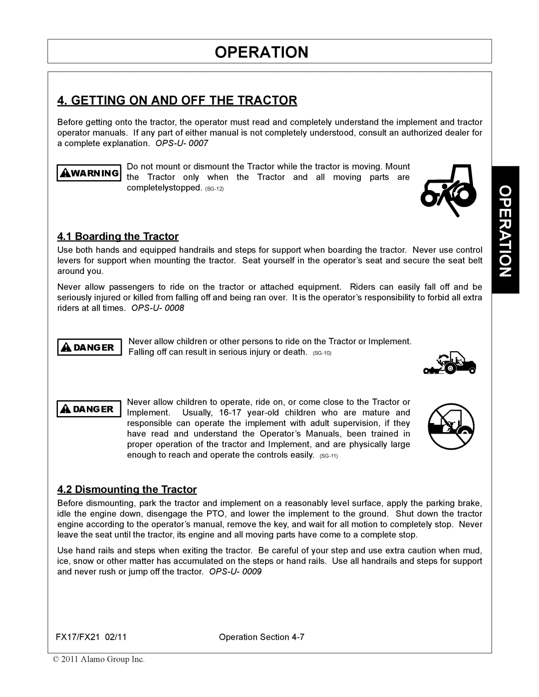 Alamo FX21, FX17 manual Getting on and OFF the Tractor, Boarding the Tractor, Dismounting the Tractor 