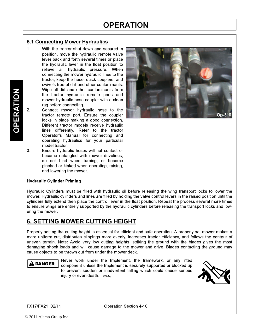 Alamo FX17, FX21 manual Setting Mower Cutting Height, Connecting Mower Hydraulics, Hydraulic Cylinder Priming 