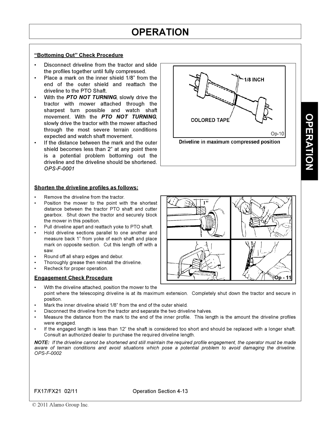 Alamo FX21, FX17 manual Bottoming Out Check Procedure, Shorten the driveline profiles as follows, Engagement Check Procedure 