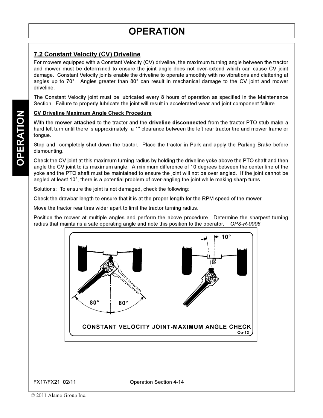 Alamo FX17, FX21 manual Constant Velocity CV Driveline, CV Driveline Maximum Angle Check Procedure 