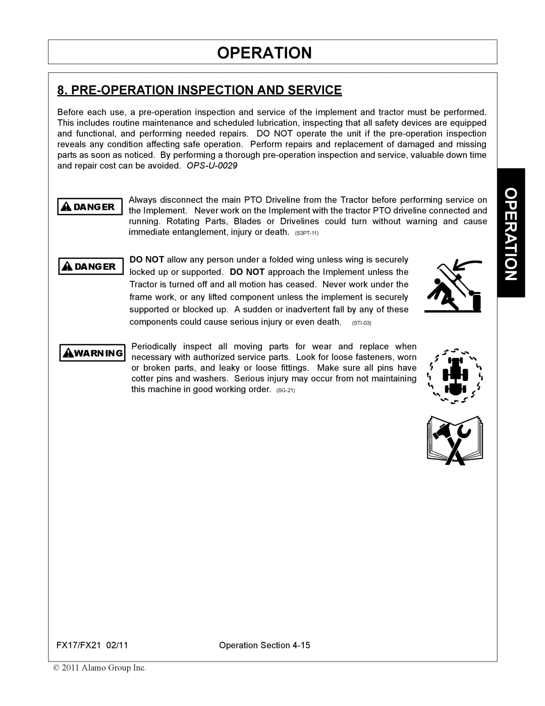 Alamo FX21, FX17 manual PRE-OPERATION Inspection and Service 