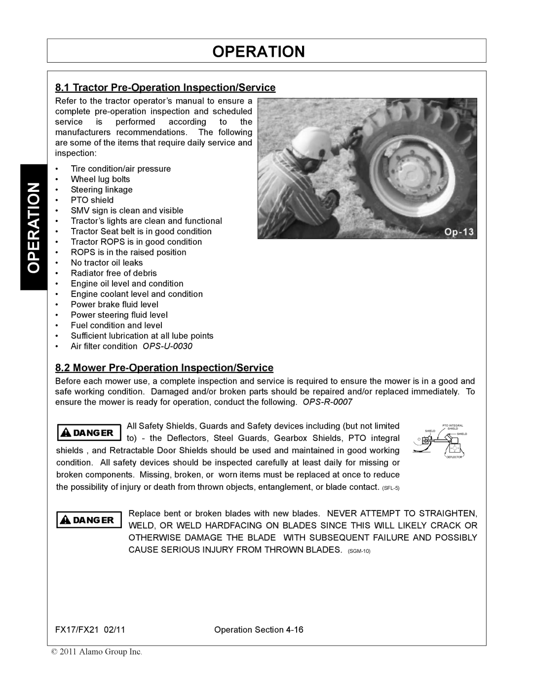 Alamo FX17, FX21 manual Tractor Pre-Operation Inspection/Service, Mower Pre-Operation Inspection/Service 