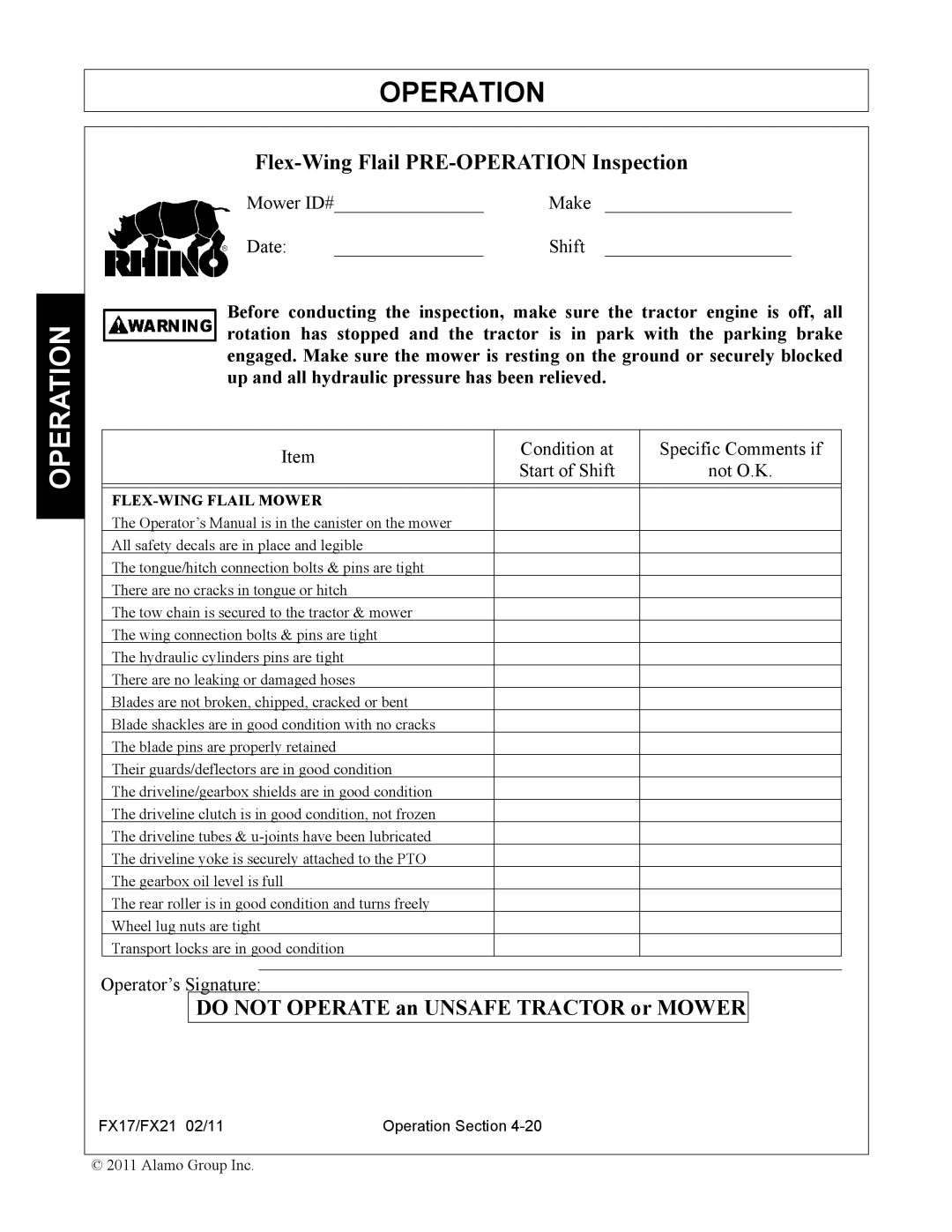 Alamo FX17, FX21 manual Do not Operate an Unsafe Tractor or Mower 