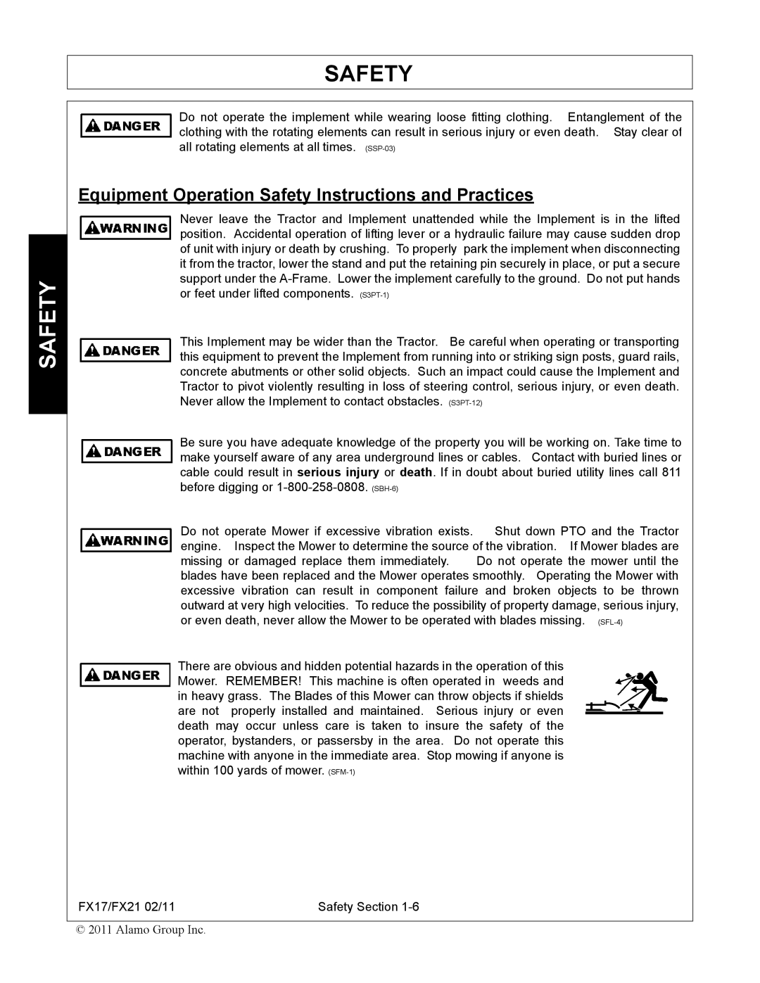 Alamo FX17, FX21 manual Equipment Operation Safety Instructions and Practices 