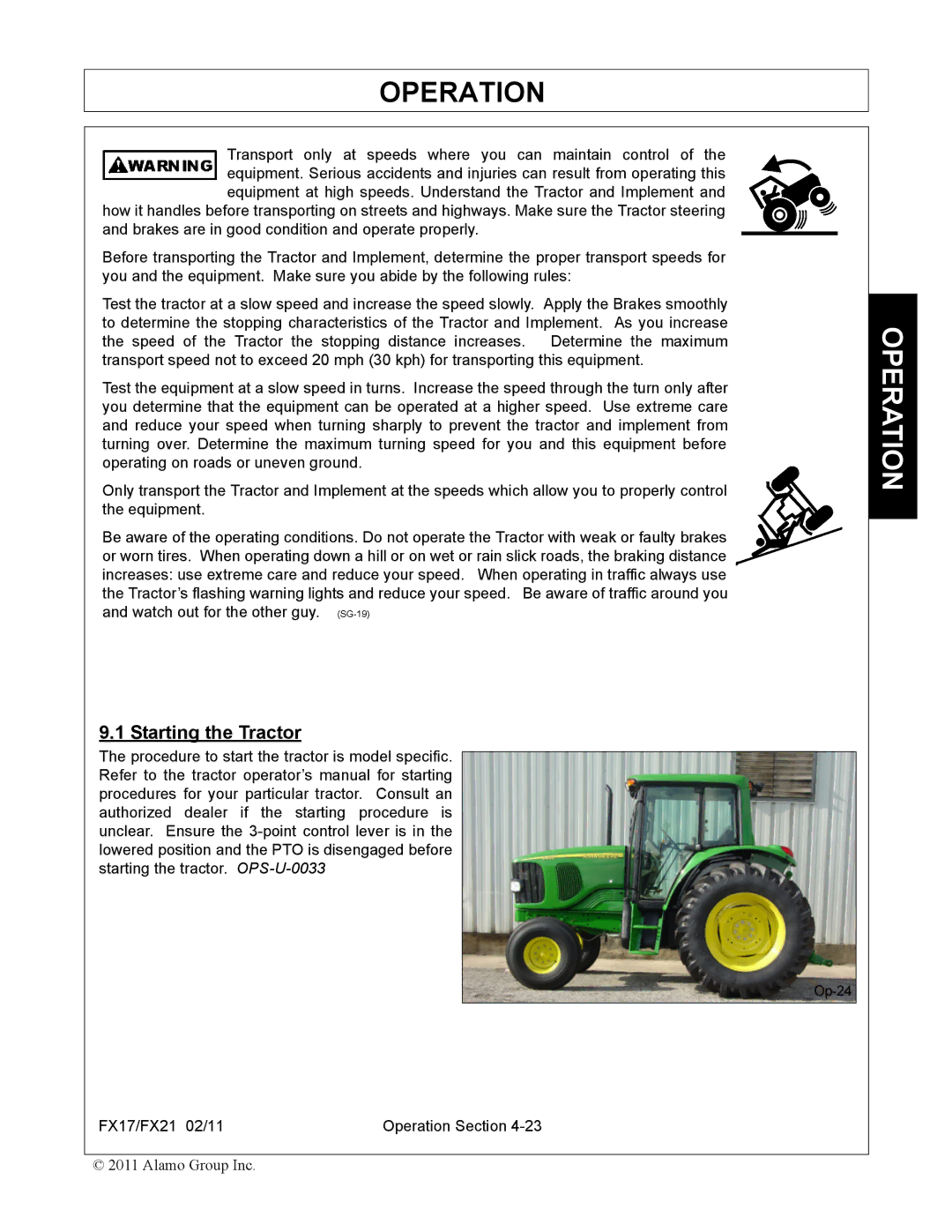 Alamo FX21, FX17 manual Starting the Tractor 