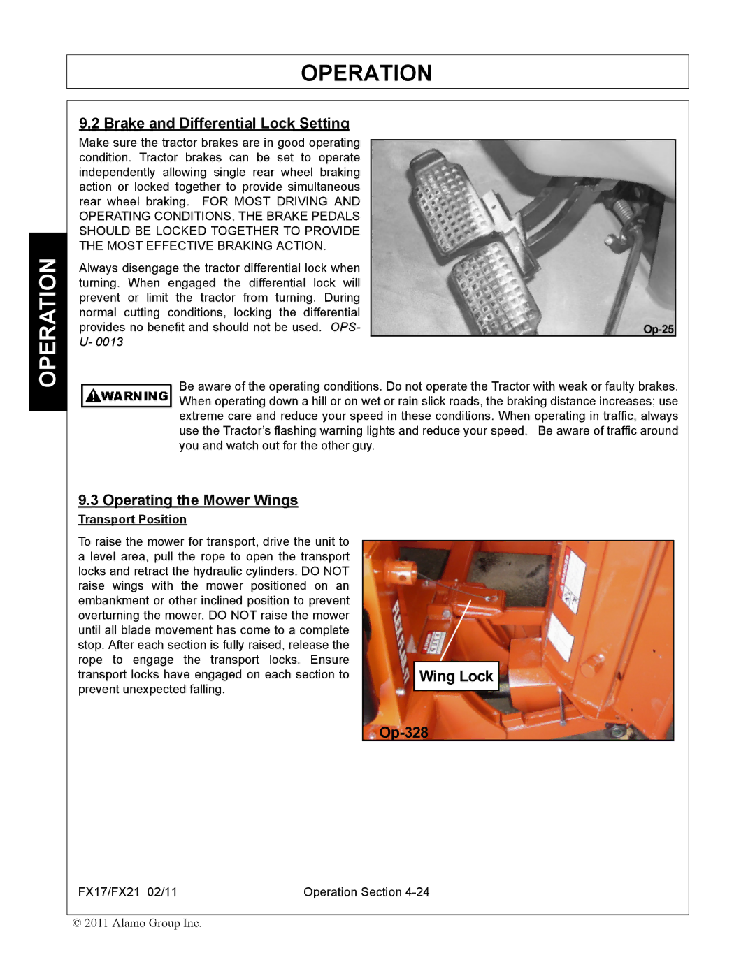 Alamo FX17, FX21 manual Brake and Differential Lock Setting, Operating the Mower Wings, Transport Position 